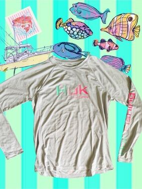 Huk Long Sleeve Performance Shirt in Cream with Pink and Teal Logo